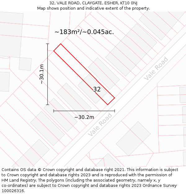 32, VALE ROAD, CLAYGATE, ESHER, KT10 0NJ: Plot and title map