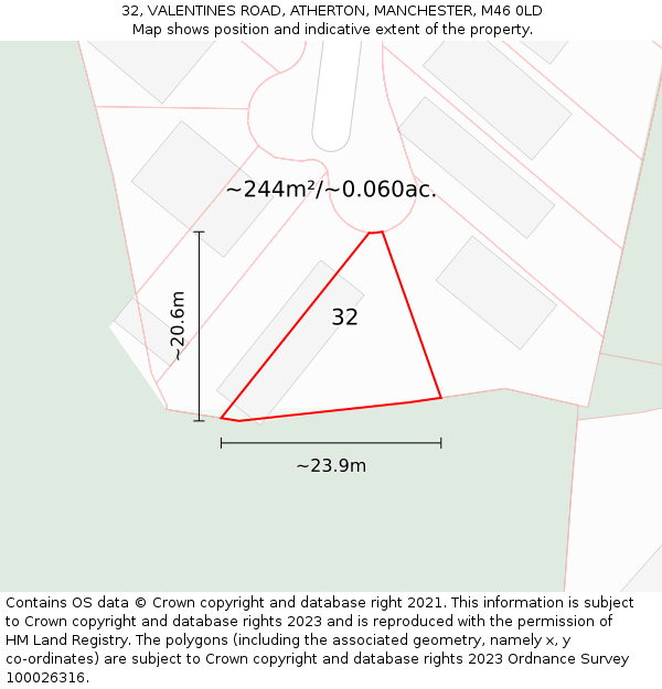 32, VALENTINES ROAD, ATHERTON, MANCHESTER, M46 0LD: Plot and title map
