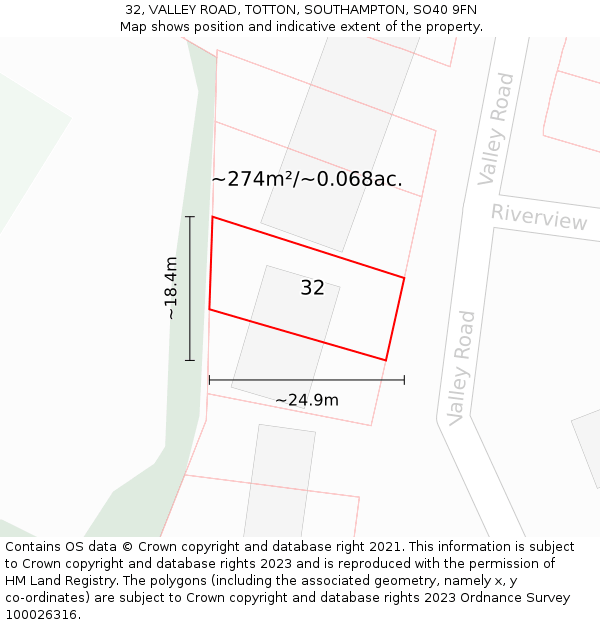 32, VALLEY ROAD, TOTTON, SOUTHAMPTON, SO40 9FN: Plot and title map