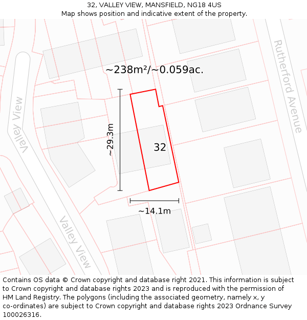 32, VALLEY VIEW, MANSFIELD, NG18 4US: Plot and title map