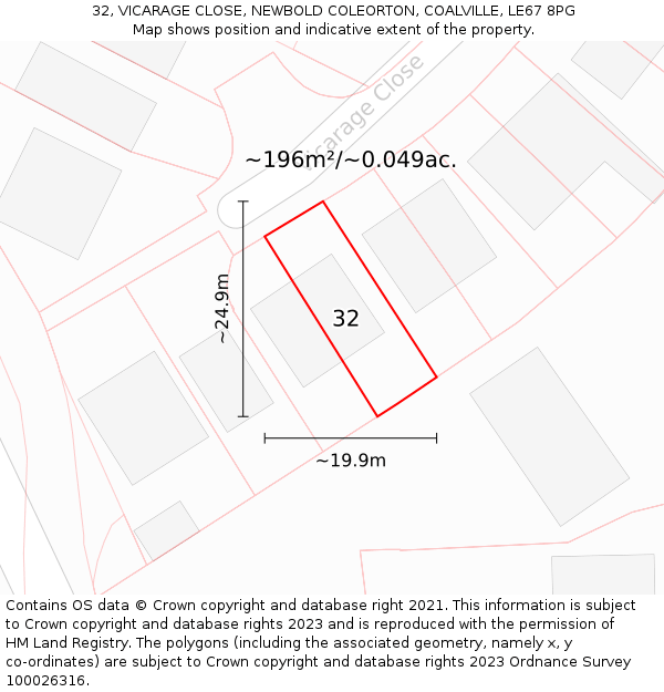 32, VICARAGE CLOSE, NEWBOLD COLEORTON, COALVILLE, LE67 8PG: Plot and title map