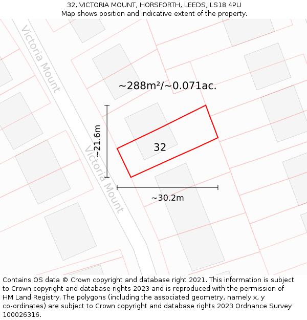 32, VICTORIA MOUNT, HORSFORTH, LEEDS, LS18 4PU: Plot and title map