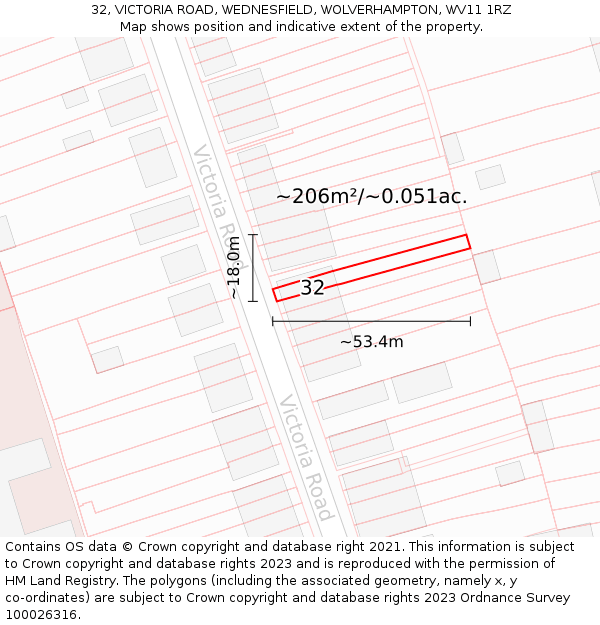 32, VICTORIA ROAD, WEDNESFIELD, WOLVERHAMPTON, WV11 1RZ: Plot and title map