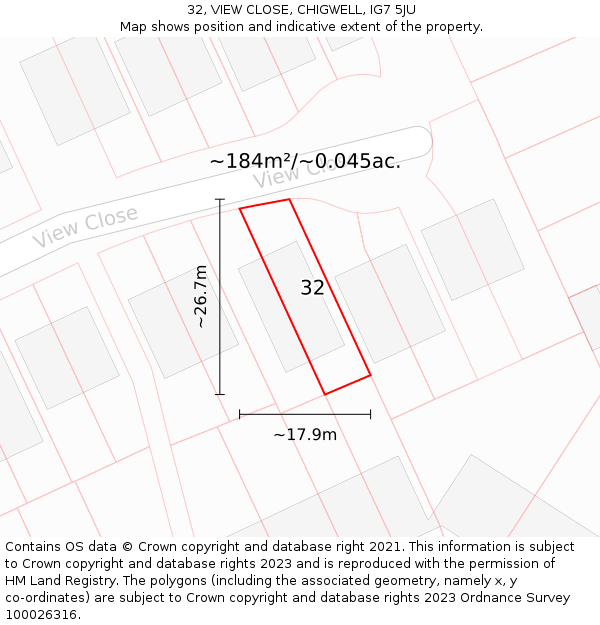 32, VIEW CLOSE, CHIGWELL, IG7 5JU: Plot and title map