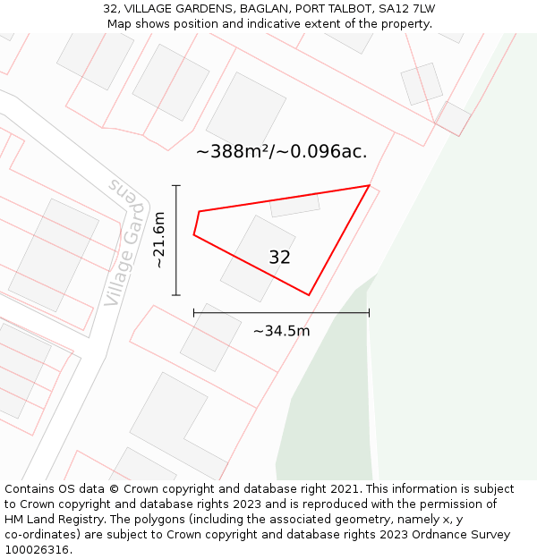 32, VILLAGE GARDENS, BAGLAN, PORT TALBOT, SA12 7LW: Plot and title map