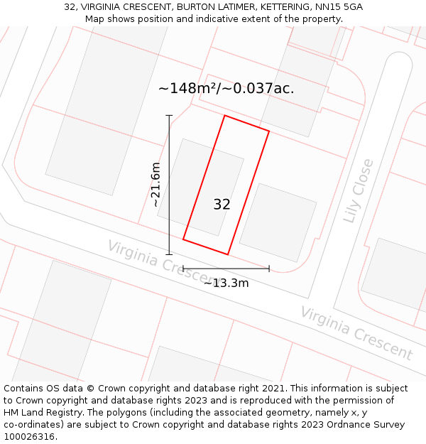 32, VIRGINIA CRESCENT, BURTON LATIMER, KETTERING, NN15 5GA: Plot and title map