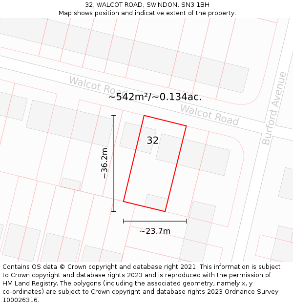32, WALCOT ROAD, SWINDON, SN3 1BH: Plot and title map