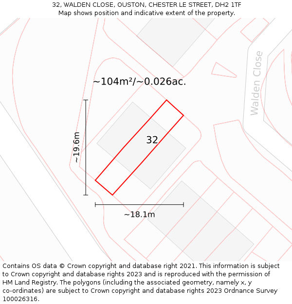 32, WALDEN CLOSE, OUSTON, CHESTER LE STREET, DH2 1TF: Plot and title map