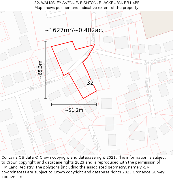 32, WALMSLEY AVENUE, RISHTON, BLACKBURN, BB1 4RE: Plot and title map