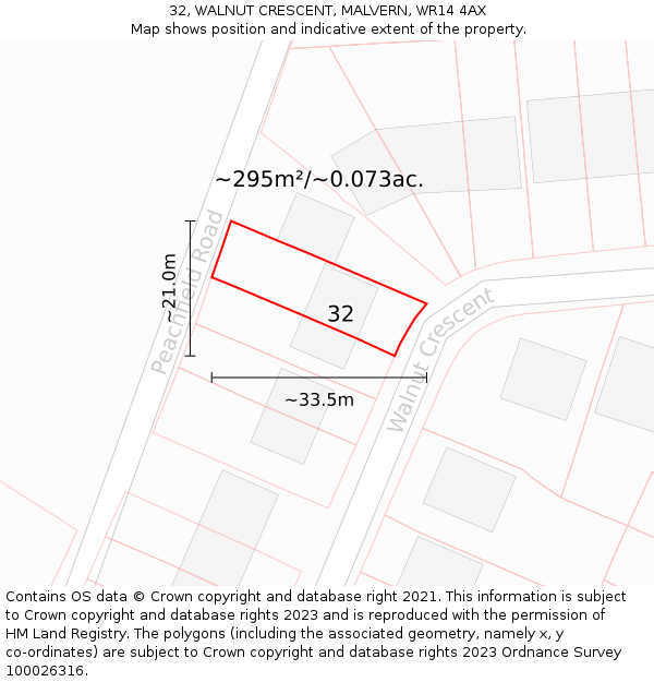 32, WALNUT CRESCENT, MALVERN, WR14 4AX: Plot and title map