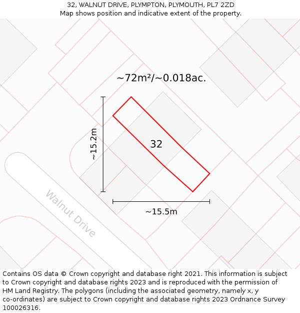 32, WALNUT DRIVE, PLYMPTON, PLYMOUTH, PL7 2ZD: Plot and title map
