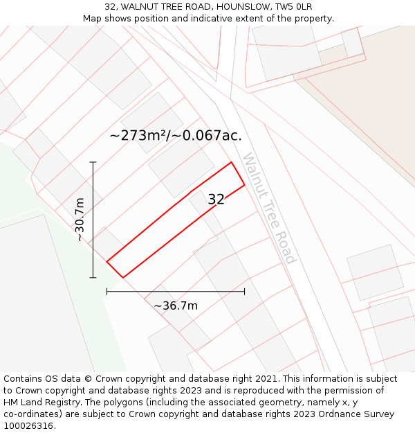 32, WALNUT TREE ROAD, HOUNSLOW, TW5 0LR: Plot and title map