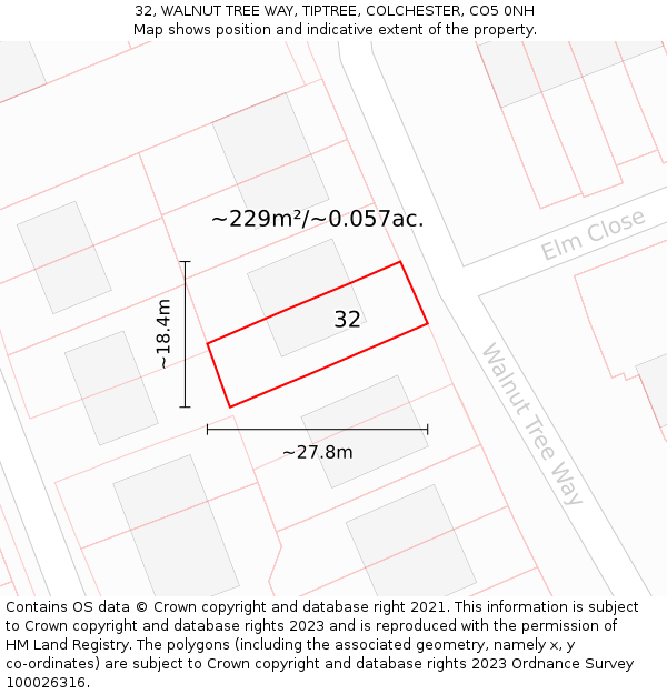 32, WALNUT TREE WAY, TIPTREE, COLCHESTER, CO5 0NH: Plot and title map
