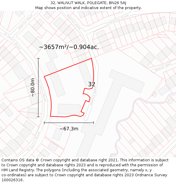 32, WALNUT WALK, POLEGATE, BN26 5AJ: Plot and title map