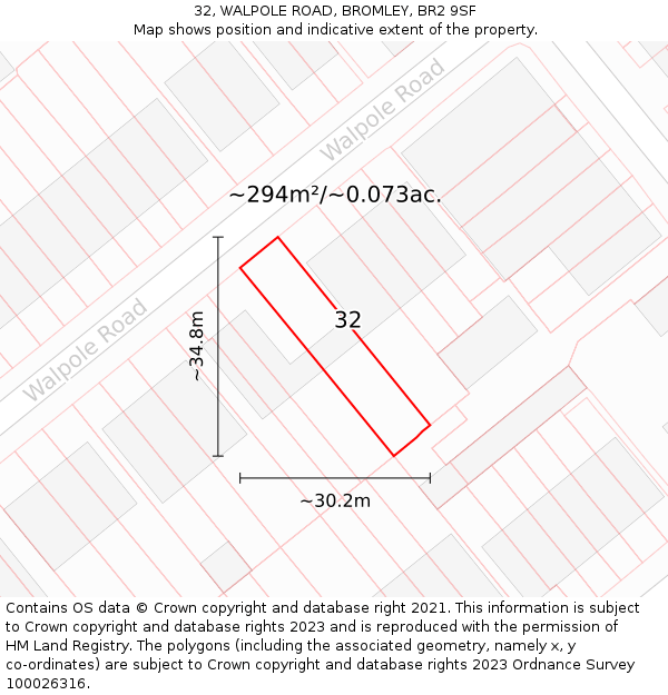 32, WALPOLE ROAD, BROMLEY, BR2 9SF: Plot and title map