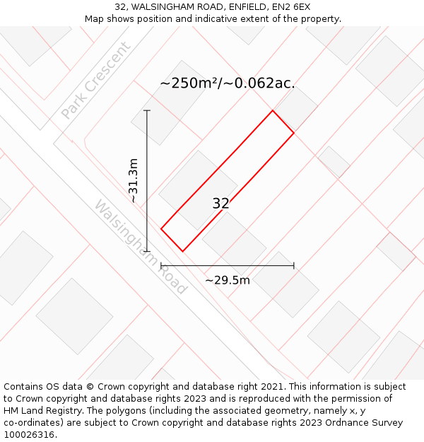 32, WALSINGHAM ROAD, ENFIELD, EN2 6EX: Plot and title map