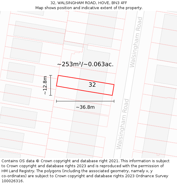 32, WALSINGHAM ROAD, HOVE, BN3 4FF: Plot and title map