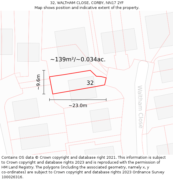 32, WALTHAM CLOSE, CORBY, NN17 2YF: Plot and title map