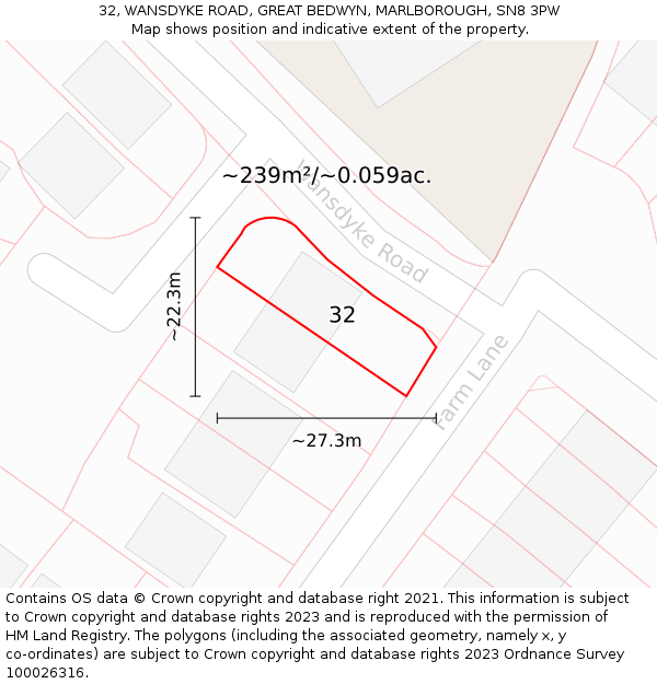 32, WANSDYKE ROAD, GREAT BEDWYN, MARLBOROUGH, SN8 3PW: Plot and title map