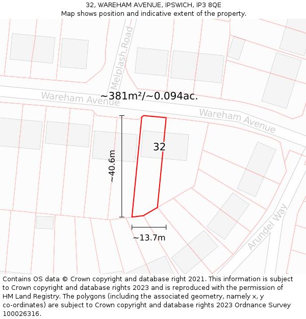 32, WAREHAM AVENUE, IPSWICH, IP3 8QE: Plot and title map
