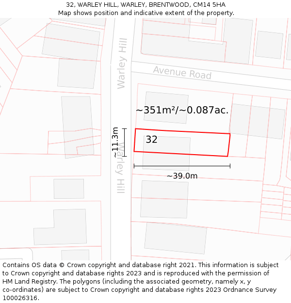 32, WARLEY HILL, WARLEY, BRENTWOOD, CM14 5HA: Plot and title map