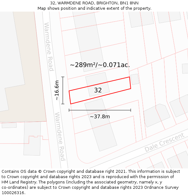32, WARMDENE ROAD, BRIGHTON, BN1 8NN: Plot and title map