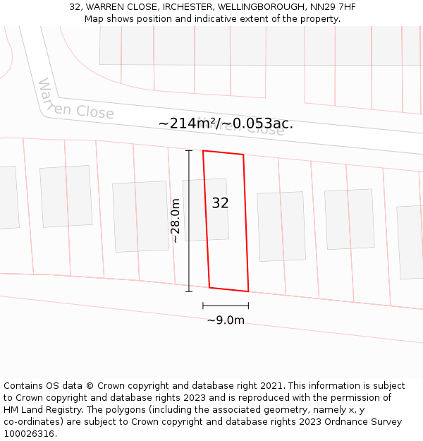 32, WARREN CLOSE, IRCHESTER, WELLINGBOROUGH, NN29 7HF: Plot and title map