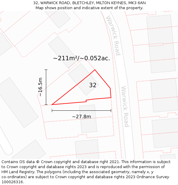 32, WARWICK ROAD, BLETCHLEY, MILTON KEYNES, MK3 6AN: Plot and title map