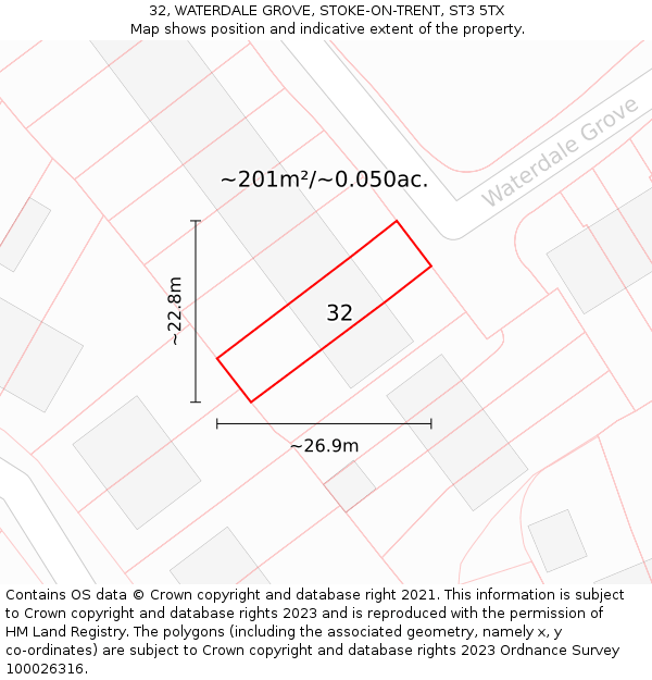 32, WATERDALE GROVE, STOKE-ON-TRENT, ST3 5TX: Plot and title map