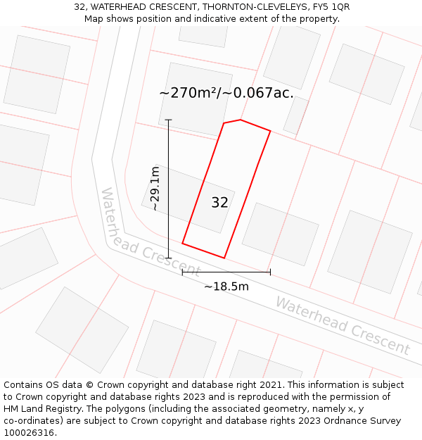 32, WATERHEAD CRESCENT, THORNTON-CLEVELEYS, FY5 1QR: Plot and title map