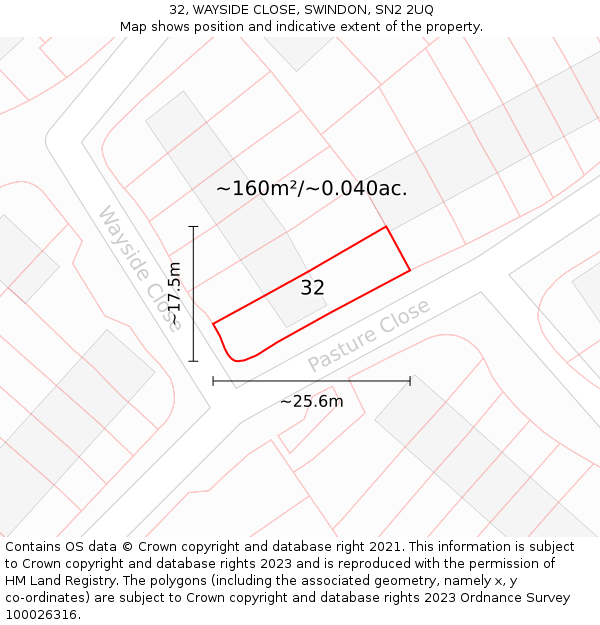 32, WAYSIDE CLOSE, SWINDON, SN2 2UQ: Plot and title map