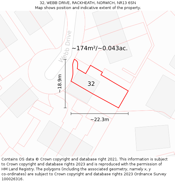 32, WEBB DRIVE, RACKHEATH, NORWICH, NR13 6SN: Plot and title map