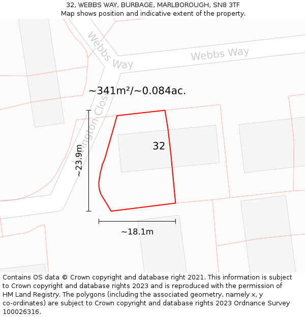 32, WEBBS WAY, BURBAGE, MARLBOROUGH, SN8 3TF: Plot and title map