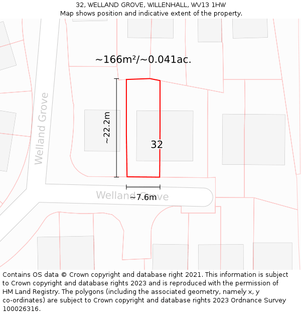 32, WELLAND GROVE, WILLENHALL, WV13 1HW: Plot and title map