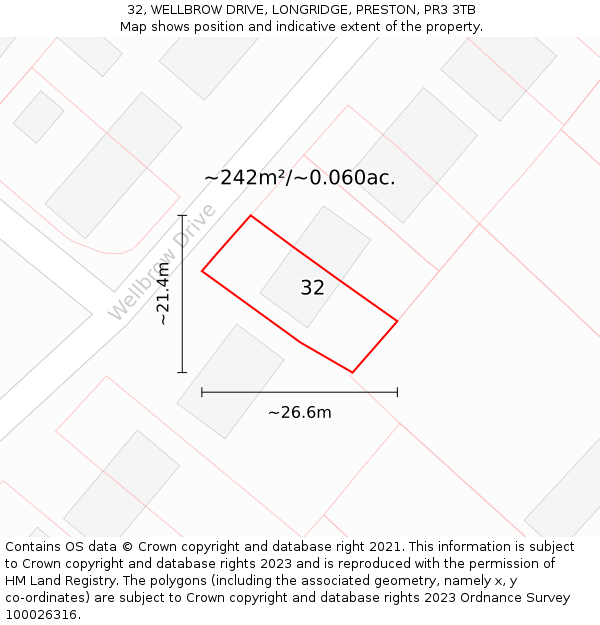 32, WELLBROW DRIVE, LONGRIDGE, PRESTON, PR3 3TB: Plot and title map
