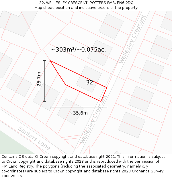 32, WELLESLEY CRESCENT, POTTERS BAR, EN6 2DQ: Plot and title map