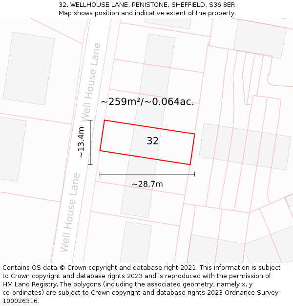 32, WELLHOUSE LANE, PENISTONE, SHEFFIELD, S36 8ER: Plot and title map
