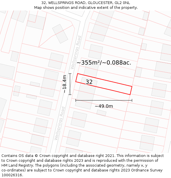 32, WELLSPRINGS ROAD, GLOUCESTER, GL2 0NL: Plot and title map