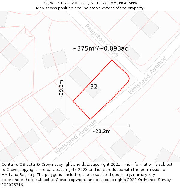 32, WELSTEAD AVENUE, NOTTINGHAM, NG8 5NW: Plot and title map