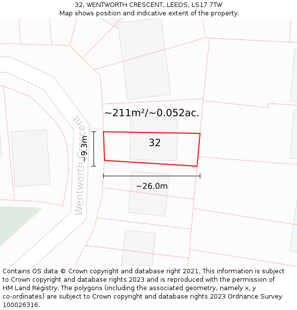 32, WENTWORTH CRESCENT, LEEDS, LS17 7TW: Plot and title map