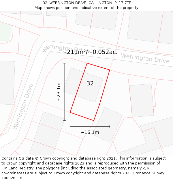 32, WERRINGTON DRIVE, CALLINGTON, PL17 7TF: Plot and title map