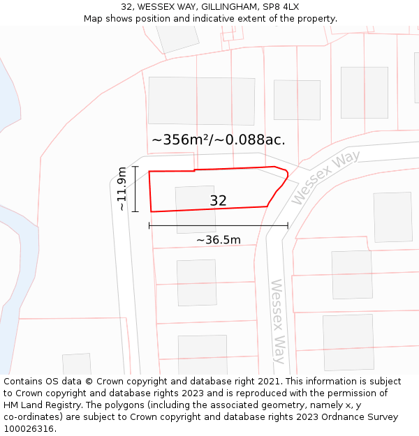 32, WESSEX WAY, GILLINGHAM, SP8 4LX: Plot and title map