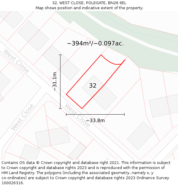32, WEST CLOSE, POLEGATE, BN26 6EL: Plot and title map