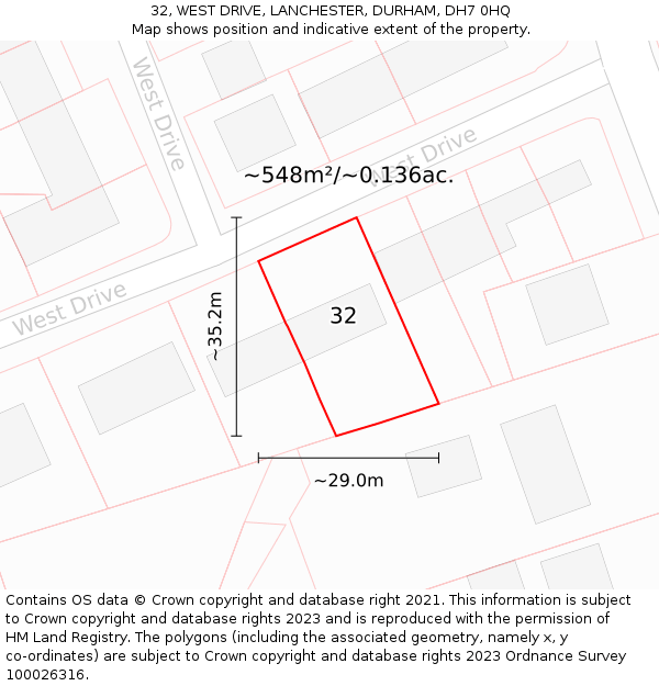 32, WEST DRIVE, LANCHESTER, DURHAM, DH7 0HQ: Plot and title map