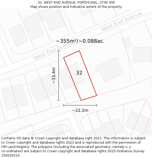 32, WEST END AVENUE, PORTHCAWL, CF36 3NF: Plot and title map