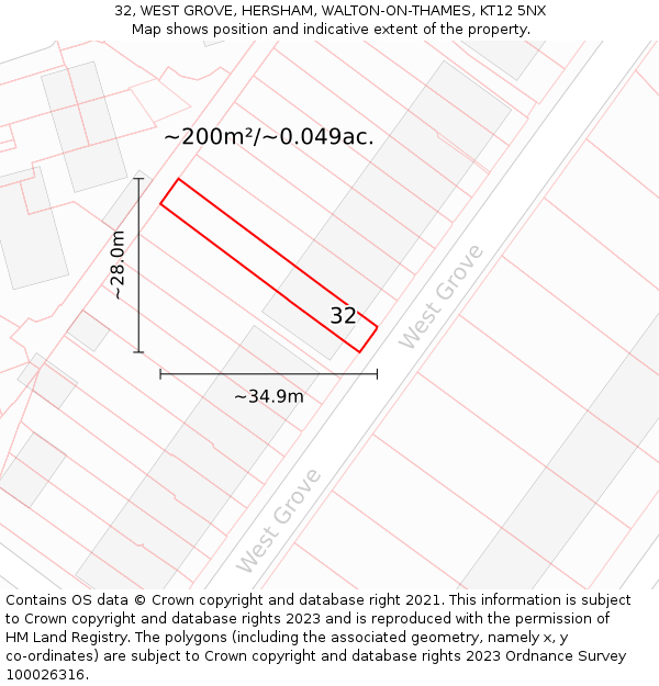 32, WEST GROVE, HERSHAM, WALTON-ON-THAMES, KT12 5NX: Plot and title map