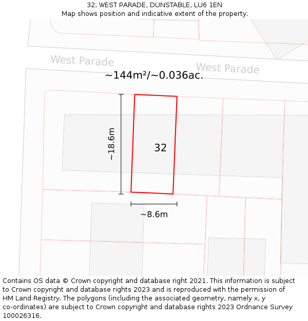 32, WEST PARADE, DUNSTABLE, LU6 1EN: Plot and title map