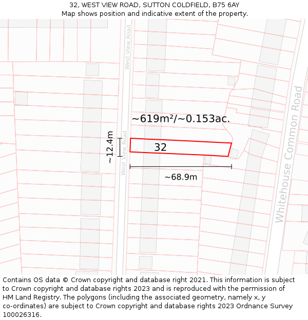 32, WEST VIEW ROAD, SUTTON COLDFIELD, B75 6AY: Plot and title map