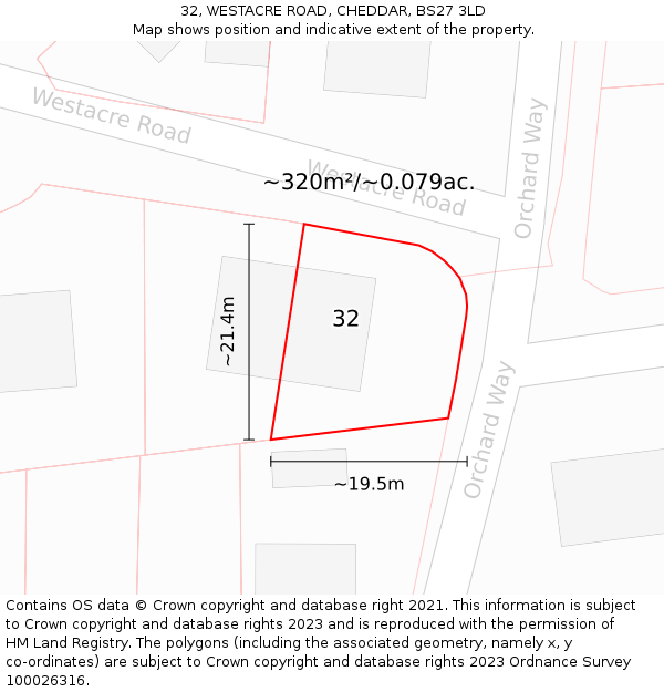 32, WESTACRE ROAD, CHEDDAR, BS27 3LD: Plot and title map