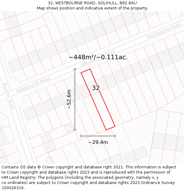32, WESTBOURNE ROAD, SOLIHULL, B92 8AU: Plot and title map